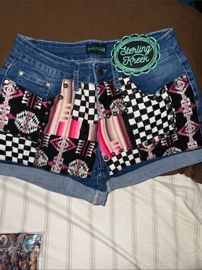 Sterling Kreek Blue Denim Jean Shorts with Pink Aztec Patchwork
